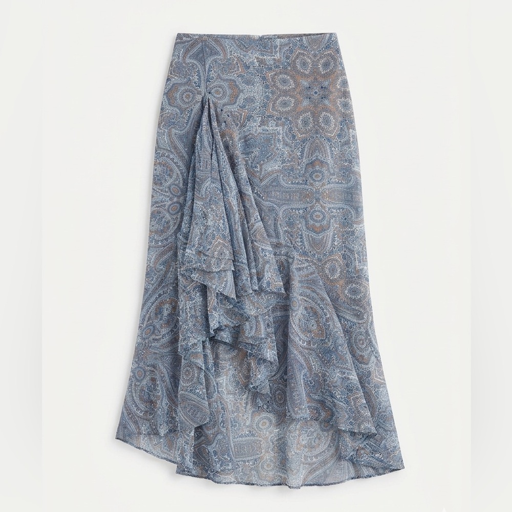 Blue Paisley Asymmetrical Ruffle Skirt